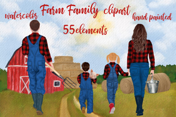 Authentic Farm Family Clipart: Watercolor Charm for Modern Designs
