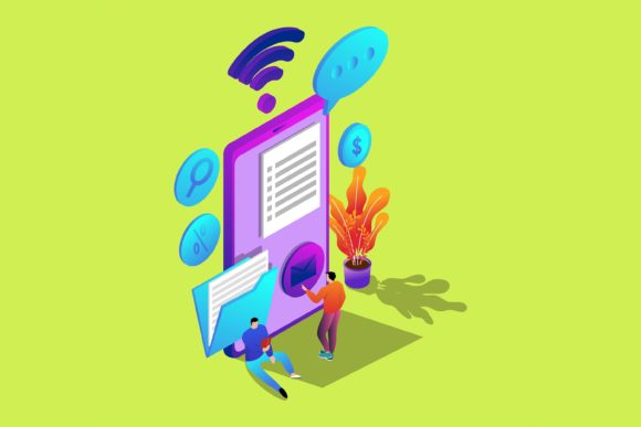 Flat Illustration Two Men with Phone: Modern Education Design
