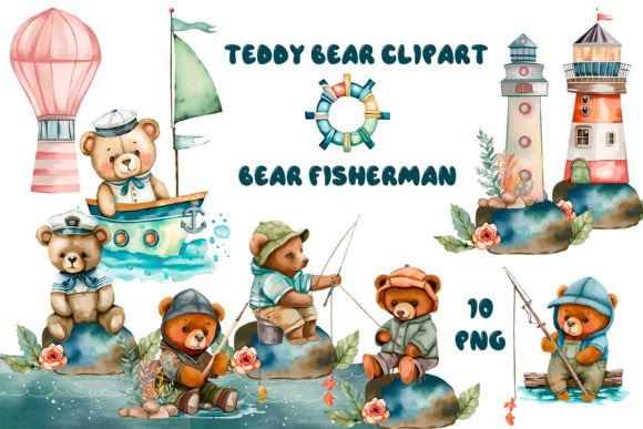 Nautical Watercolor Clipart: Cute Teddy Bear Fisherman